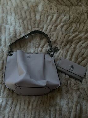 GUESS Women's Light Gray Leather Shoulder Bag with Matching Wallet